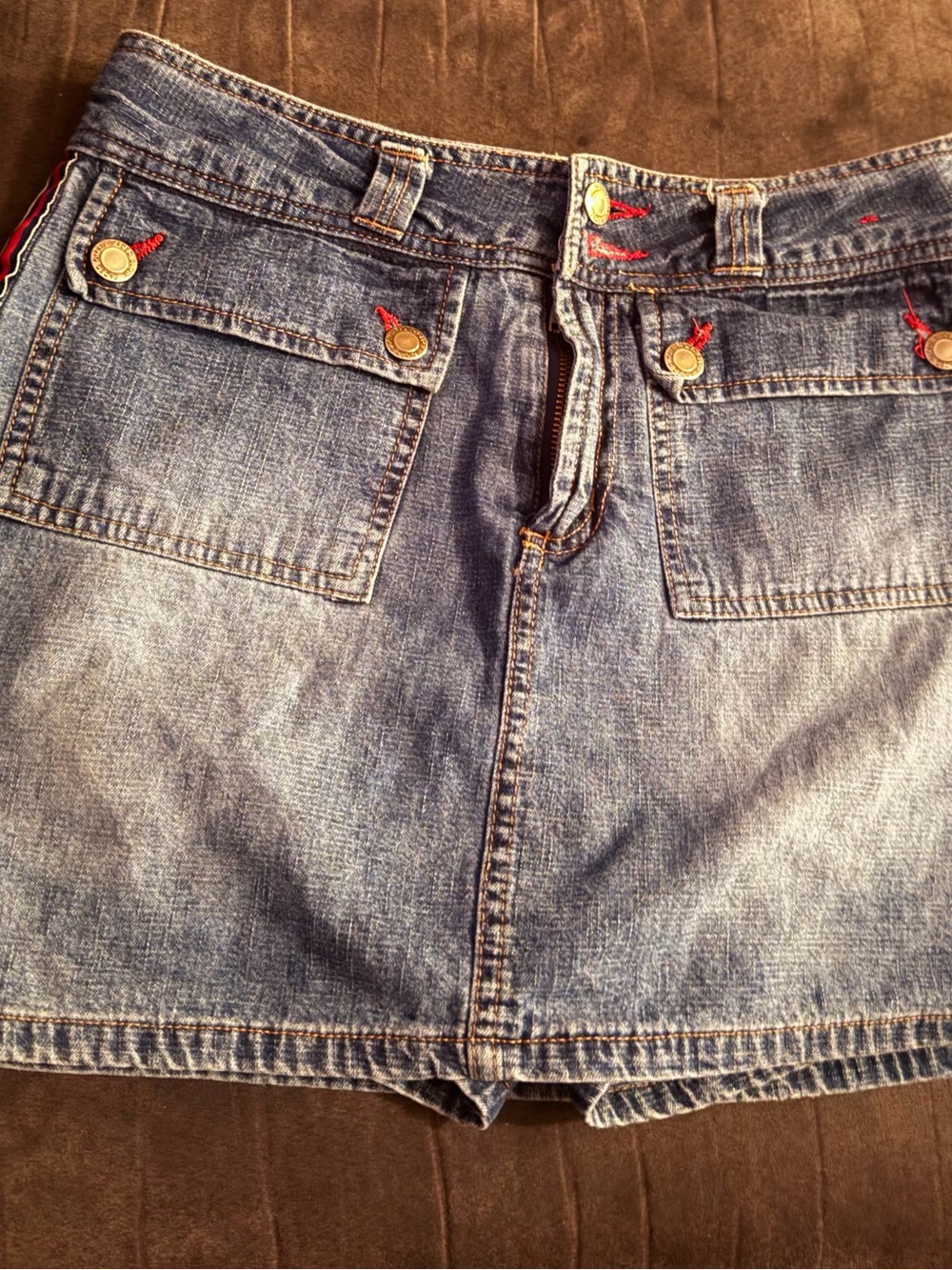 Faded Glory Washed Blue Denim Mini Skirt with Front Flap Pockets